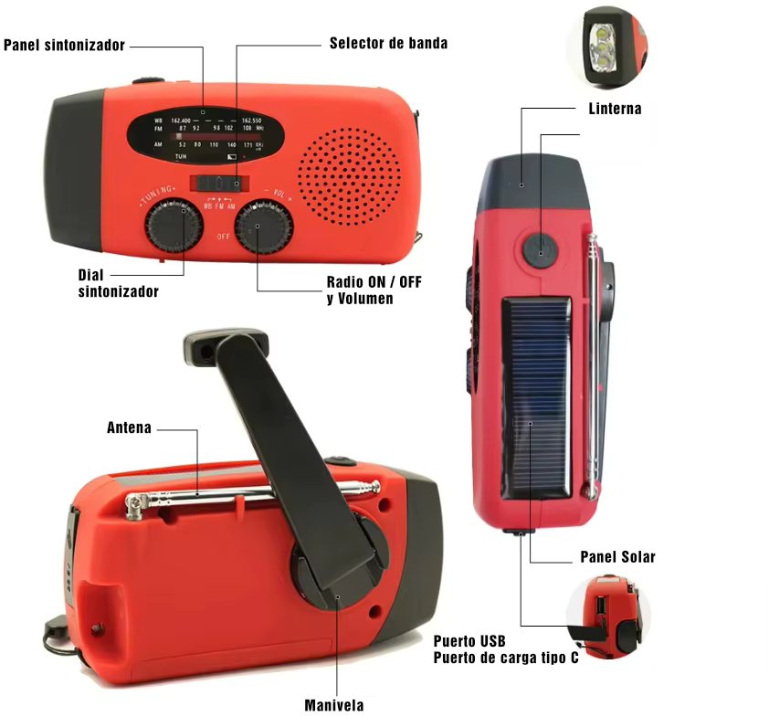 Radio Solar de Emergencia con Manivela y Linterna - Imagen 2